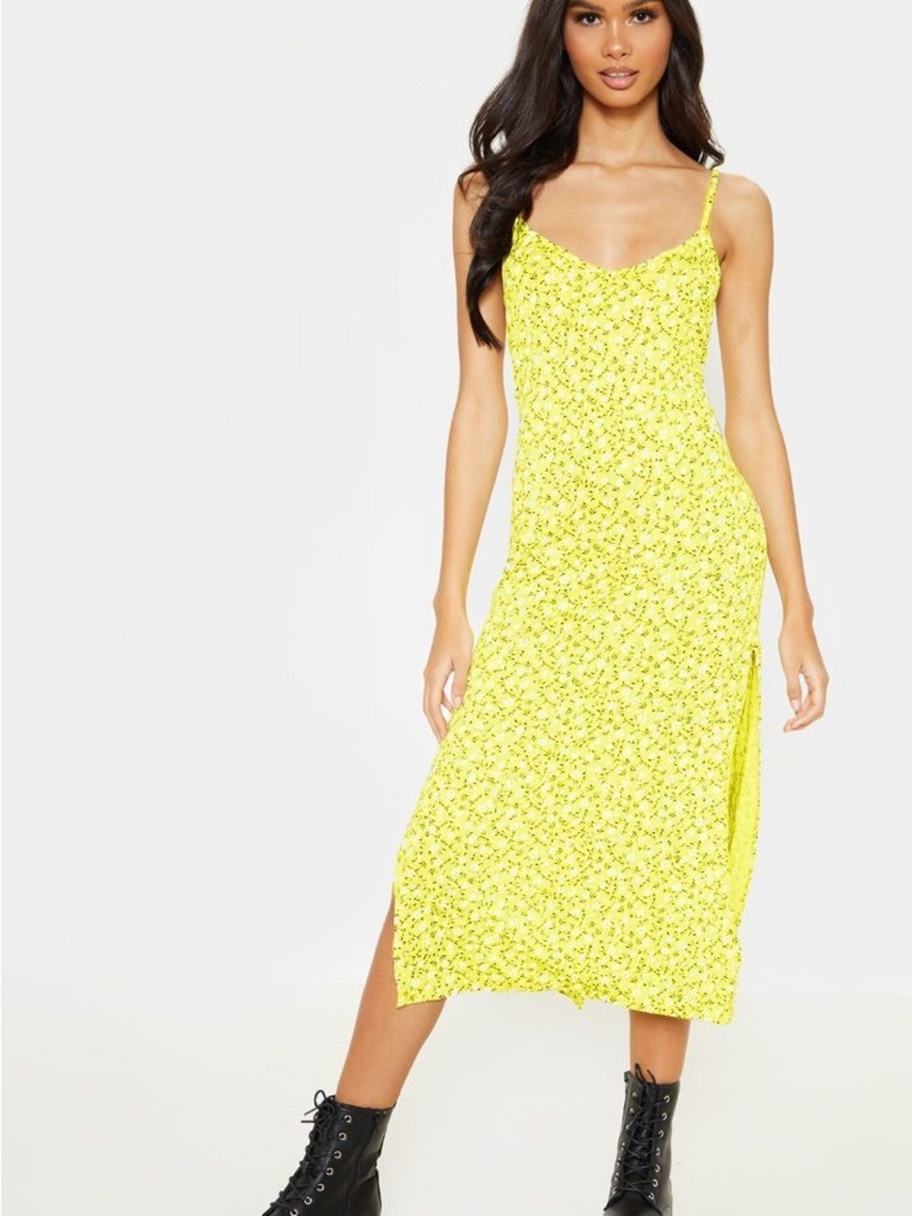 PrettyLittleThing Neon Yellow Floral Slip Midi Dress